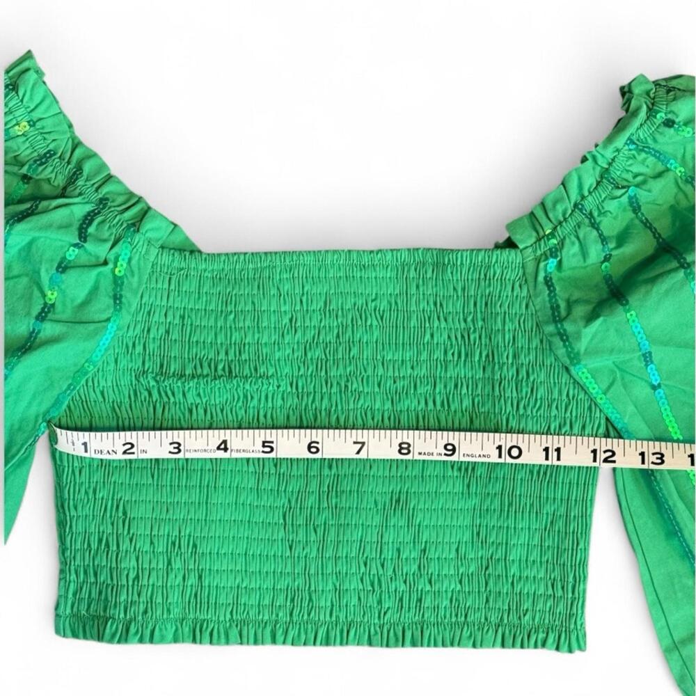 Billow Sleeve Crop Top Shorts Set M Y2K Green Smocked Sequin Puff Main Strip - Picture 3 of 9